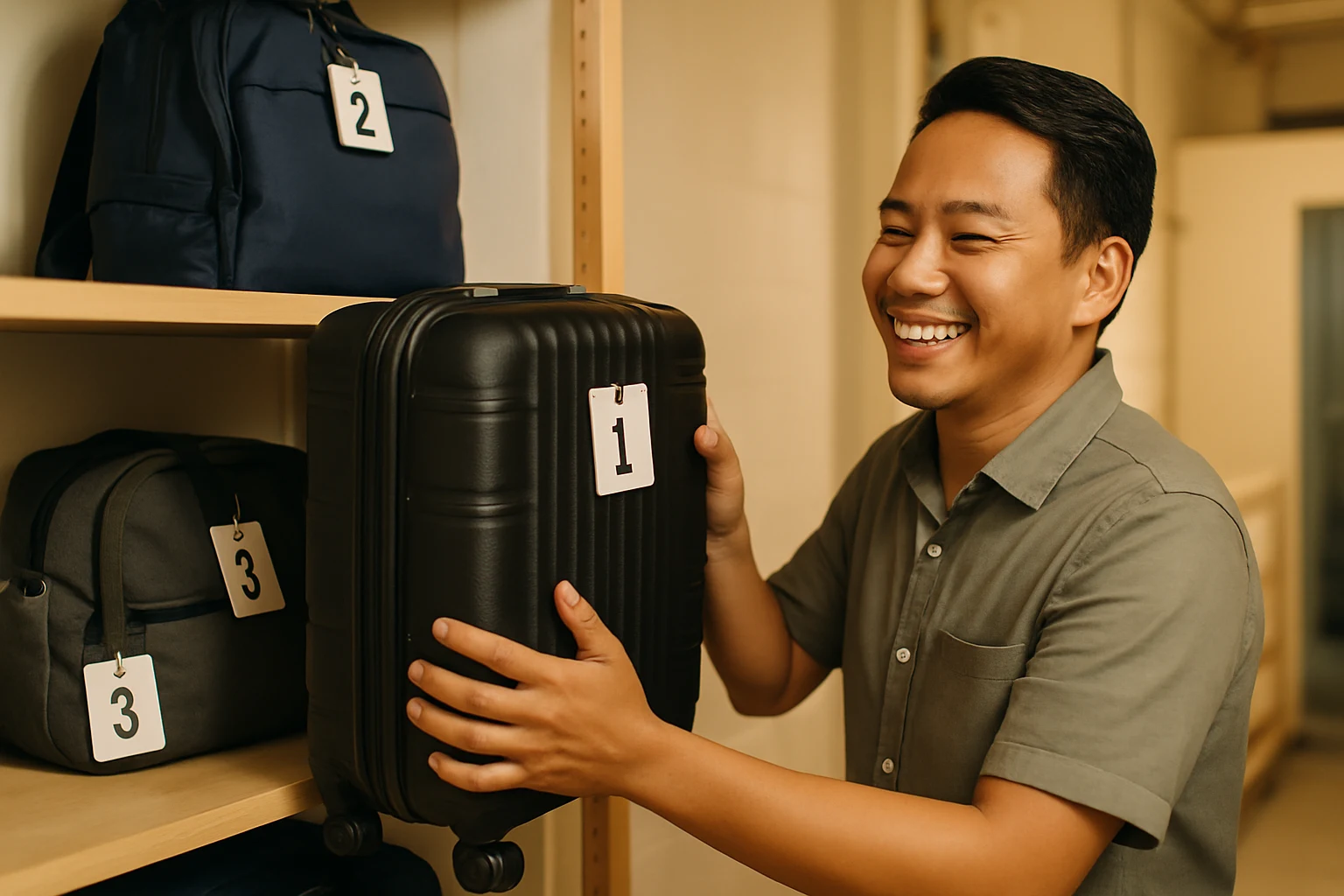 A partner storing a tagged suitcase securely on a shelf